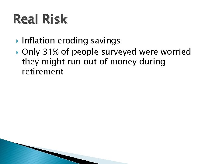 Real Risk Inflation eroding savings Only 31% of people surveyed were worried they might