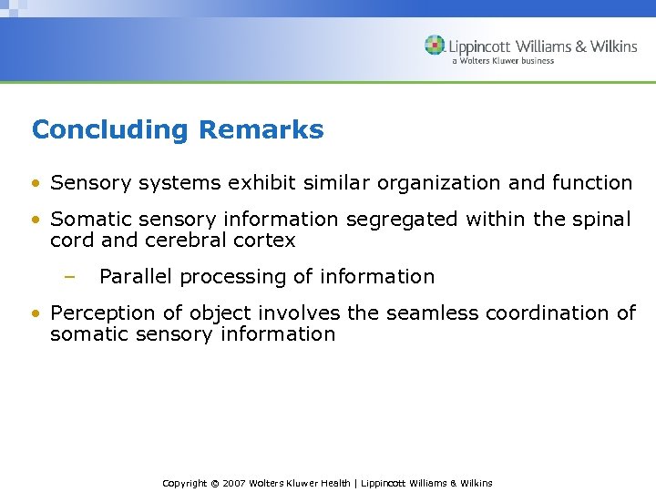 Concluding Remarks • Sensory systems exhibit similar organization and function • Somatic sensory information