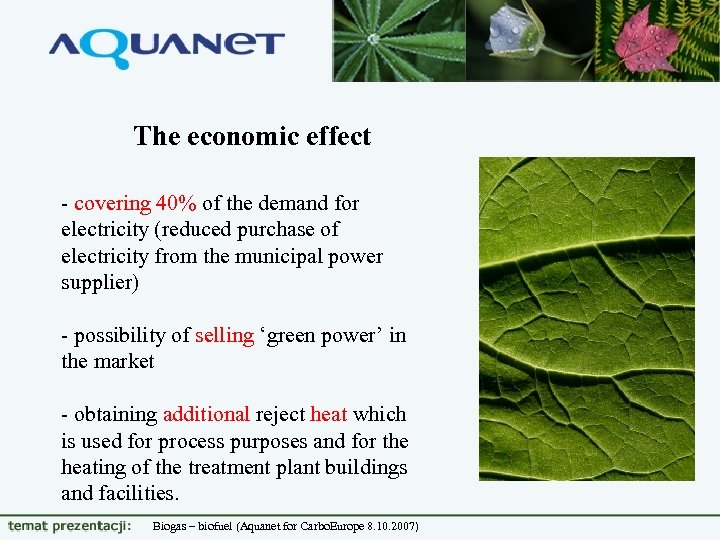 The economic effect - covering 40% of the demand for electricity (reduced purchase of