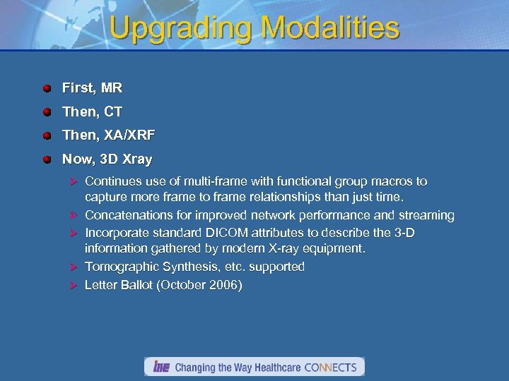 Upgrading Modalities First, MR Then, CT Then, XA/XRF Now, 3 D Xray Ø Continues