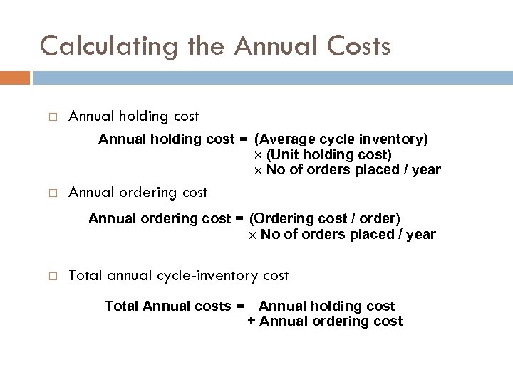 Calculating the Annual Costs Annual holding cost = (Average cycle inventory) (Unit holding cost)