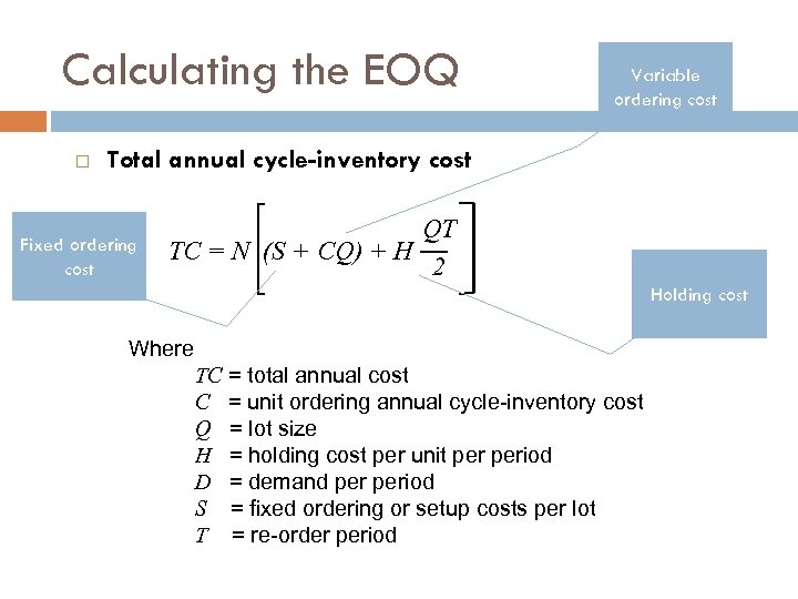 Calculating the EOQ Variable ordering cost Total annual cycle-inventory cost Fixed ordering cost QT