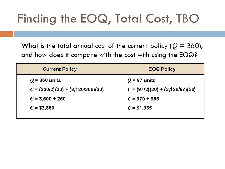 Finding the EOQ, Total Cost, TBO What is the total annual cost of the