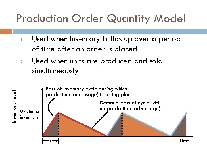 Production Order Quantity Model 1. Inventory level 2. Used when inventory builds up over