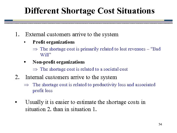 Different Shortage Cost Situations 1. External customers arrive to the system • • Profit