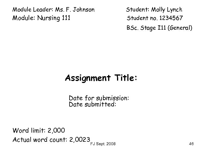 Module Leader: Ms. F. Johnson Module: Nursing 111 Student: Molly Lynch Student no. 1234567