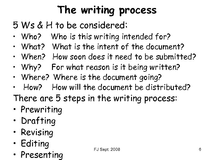 The writing process 5 Ws & H to be considered: • • • Who?