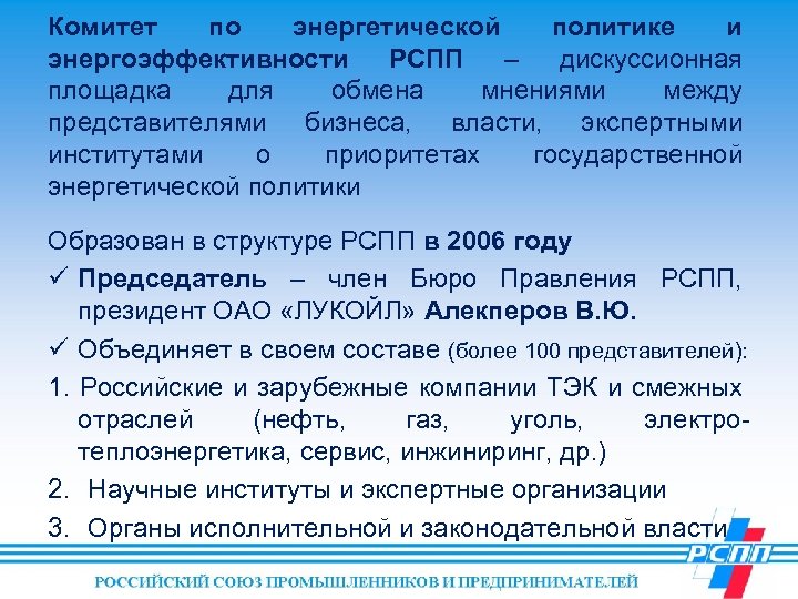 Комитет по энергетической политике и энергоэффективности РСПП – дискуссионная площадка для обмена мнениями между