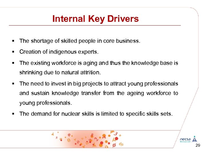 Internal Key Drivers § The shortage of skilled people in core business. § Creation