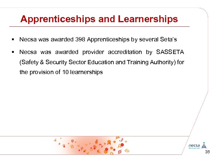 Apprenticeships and Learnerships § Necsa was awarded 398 Apprenticeships by several Seta’s § Necsa