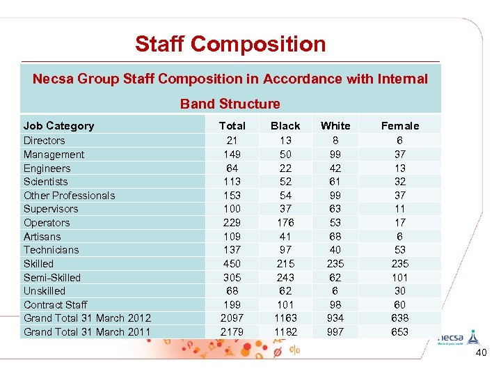 Staff Composition Necsa Group Staff Composition in Accordance with Internal Band Structure Job Category