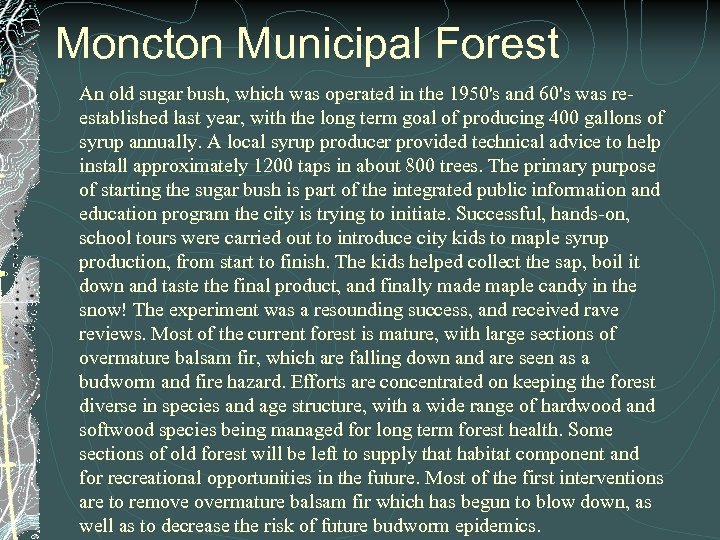 Moncton Municipal Forest An old sugar bush, which was operated in the 1950's and
