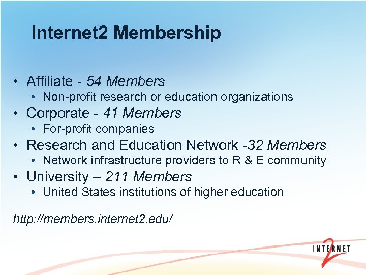 Internet 2 Membership • Affiliate - 54 Members • Non-profit research or education organizations