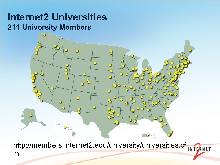 Internet 2 Universities 211 University Members http: //members. internet 2. edu/university/universities. cf m 