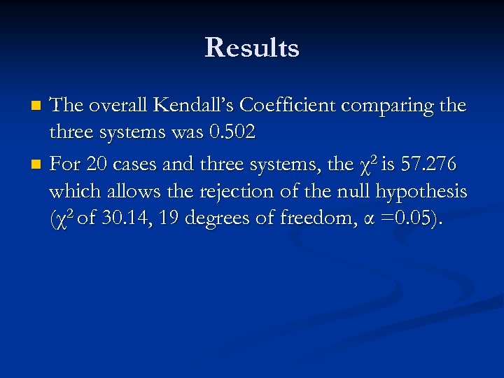 Results The overall Kendall’s Coefficient comparing the three systems was 0. 502 n For