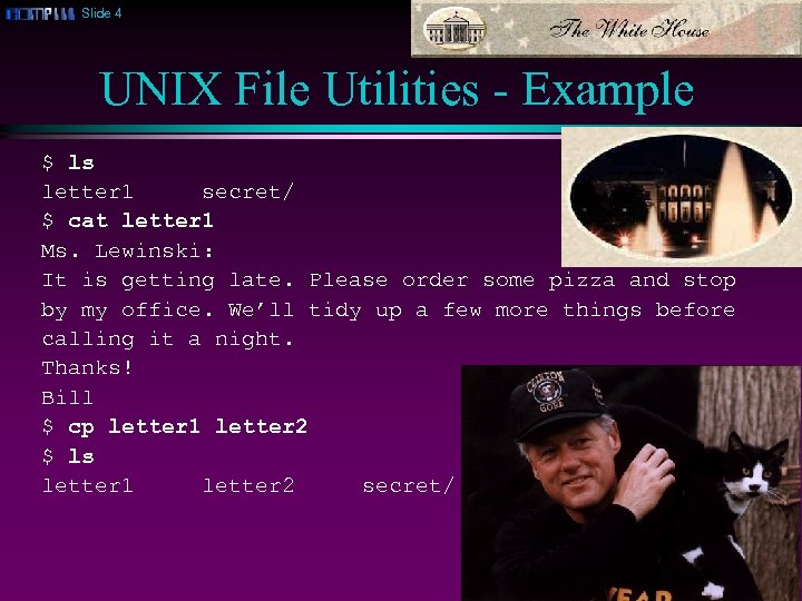 Slide 4 UNIX File Utilities - Example $ ls letter 1 secret/ $ cat