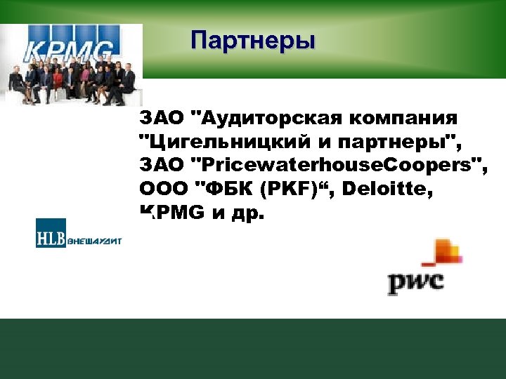 Партнеры ЗАО "Аудиторская компания "Цигельницкий и партнеры", ЗАО "Pricewaterhouse. Coopers", ООО "ФБК (PKF)“, Deloitte,