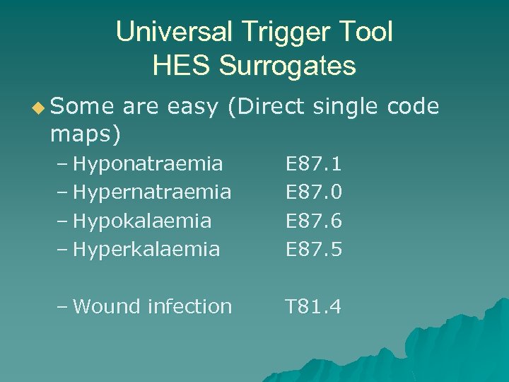 Universal Trigger Tool HES Surrogates u Some are easy (Direct single code maps) –