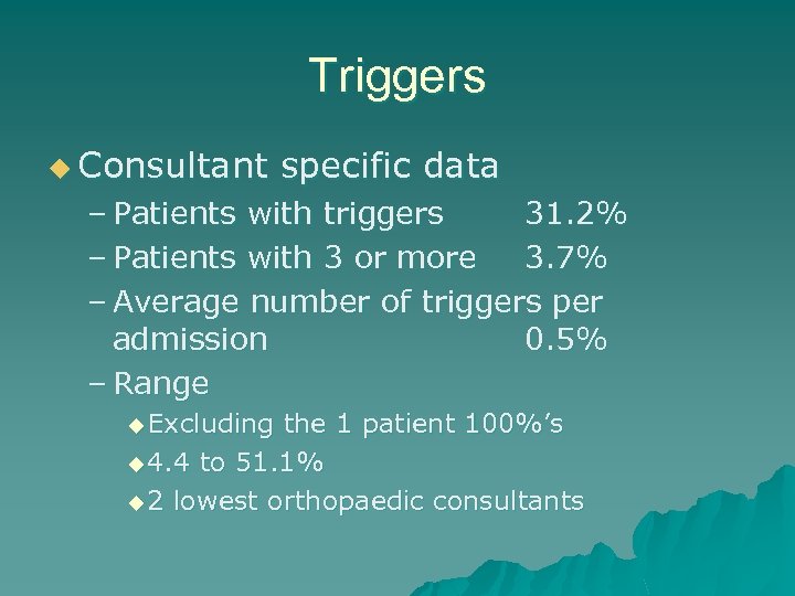 Triggers u Consultant specific data – Patients with triggers 31. 2% – Patients with