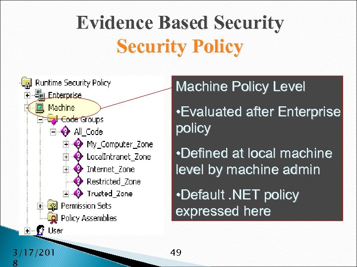 Evidence Based Security Policy Machine Policy Level • Evaluated after Enterprise policy • Defined