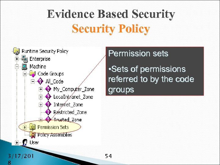 Evidence Based Security Policy Permission sets • Sets of permissions referred to by the