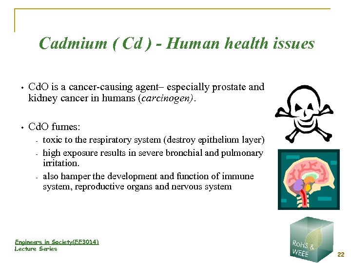 Cadmium ( Cd ) - Human health issues • Cd. O is a cancer-causing