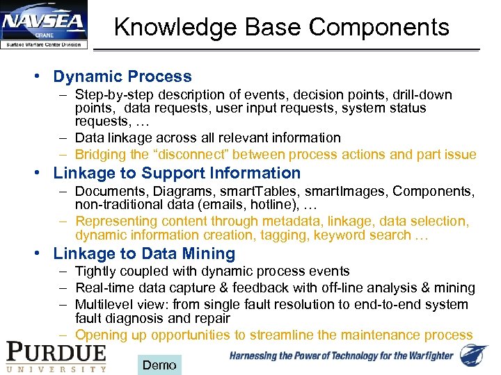 Knowledge Base Components • Dynamic Process – Step-by-step description of events, decision points, drill-down