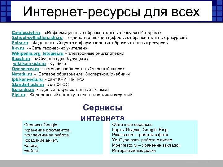 Интернет-ресурсы для всех Catalog. iot. ru – «Информационные образовательные ресурсы Интернет» School-collection. edu. ru