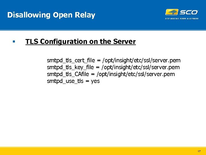 Disallowing Open Relay § TLS Configuration on the Server smtpd_tls_cert_file = /opt/insight/etc/ssl/server. pem smtpd_tls_key_file