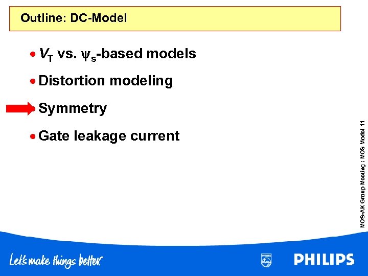 Outline: DC-Model · VT vs. s-based models · Distortion modeling · Gate leakage current