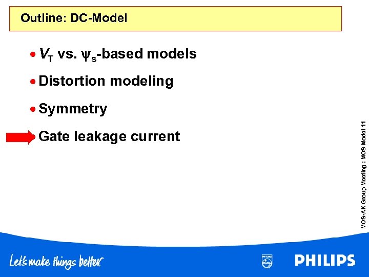 Outline: DC-Model · VT vs. s-based models · Distortion modeling · Gate leakage current