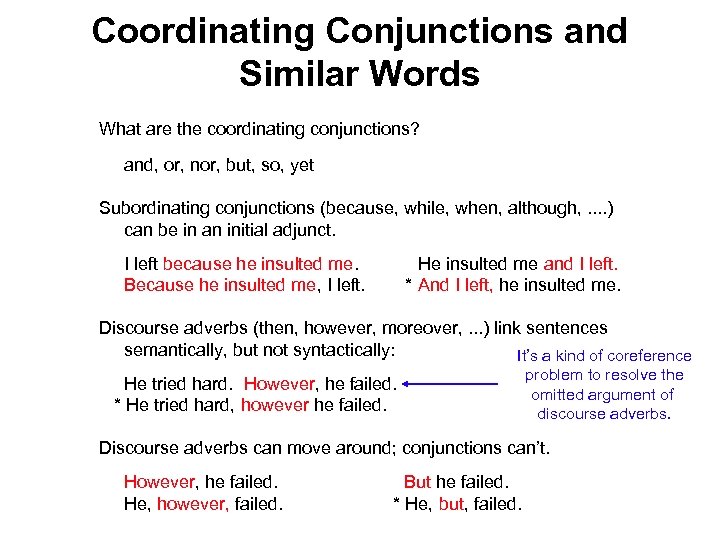 Coordinating Conjunctions and Similar Words What are the coordinating conjunctions? and, or, nor, but,