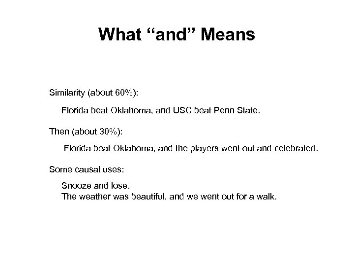 What “and” Means Similarity (about 60%): Florida beat Oklahoma, and USC beat Penn State.