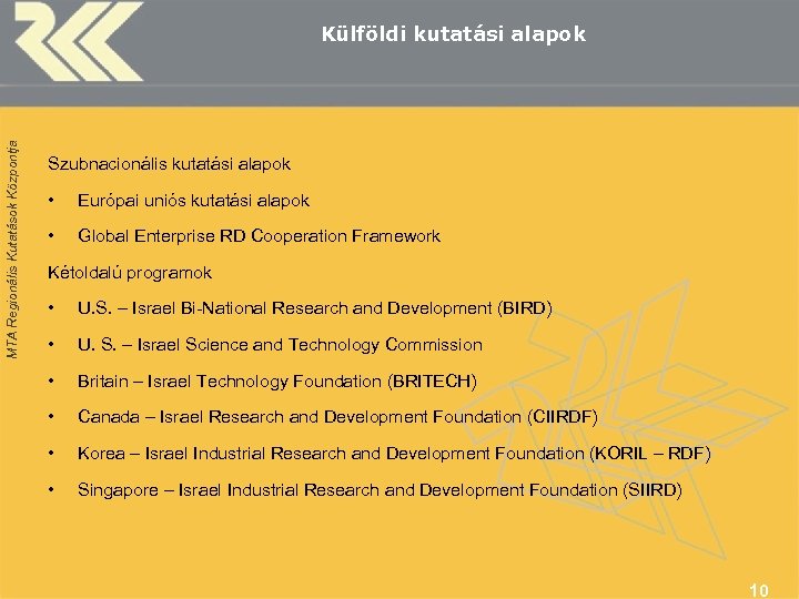 MTA Regionális Kutatások Központja Külföldi kutatási alapok Szubnacionális kutatási alapok • Európai uniós kutatási
