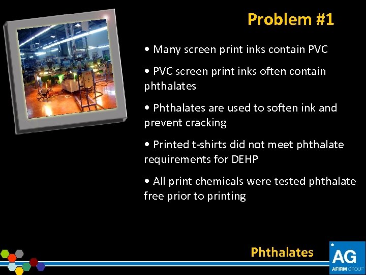 Problem #1 • Many screen print inks contain PVC • PVC screen print inks