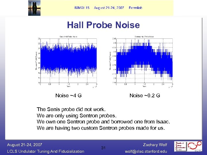 Hall Probe Noise ~4 G Noise ~0. 2 G The Senis probe did not