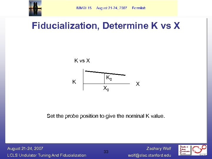Fiducialization, Determine K vs X K K 0 X Set the probe position to