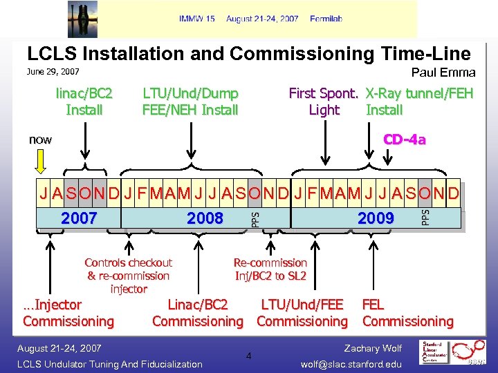 LCLS Installation and Commissioning Time-Line Paul Emma June 29, 2007 linac/BC 2 Install LTU/Und/Dump