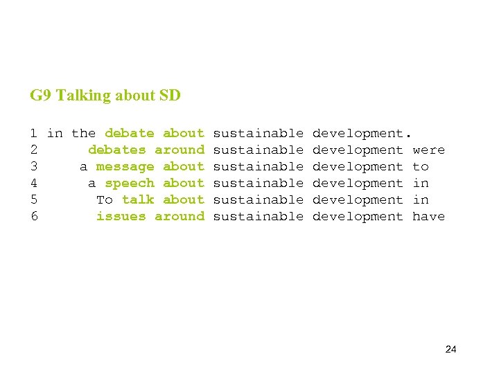 G 9 Talking about SD 1 in the debate about sustainable development. 2 debates