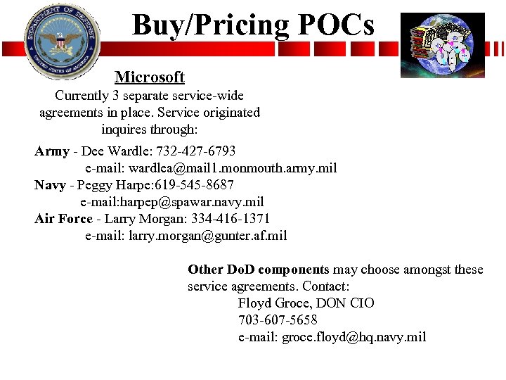 Buy/Pricing POCs Microsoft Currently 3 separate service-wide agreements in place. Service originated inquires through: