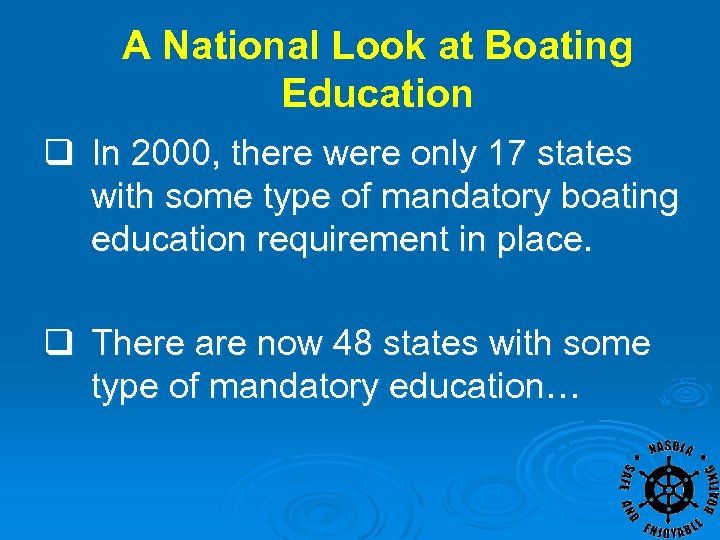 A National Look at Boating Education q In 2000, there were only 17 states