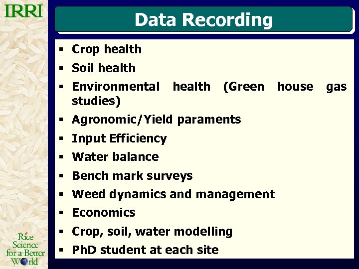 Data Recording § Crop health § Soil health § Environmental studies) health (Green §