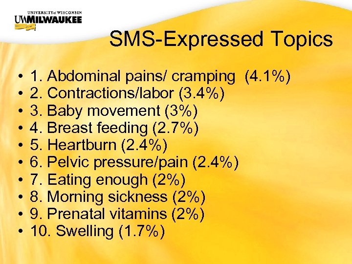 UWM CIO Office SMS-Expressed Topics • • • 1. Abdominal pains/ cramping (4. 1%)