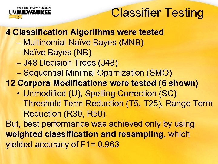UWM CIO Office Classifier Testing 4 Classification Algorithms were tested – Multinomial Naïve Bayes