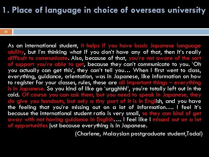 1. Place of language in choice of overseas university 21 As an international student,