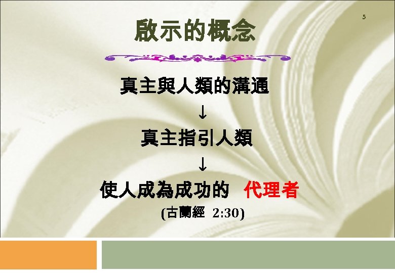 啟示的概念 真主與人類的溝通 ↓ 真主指引人類 ↓ 使人成為成功的 代理者 (古蘭經 2: 30) 5 