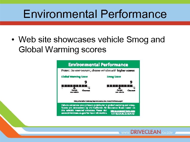 Environmental Performance • Web site showcases vehicle Smog and Global Warming scores 
