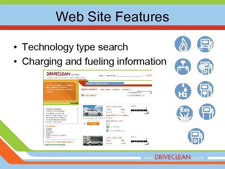 Web Site Features • Technology type search • Charging and fueling information 