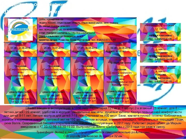 Общество с ограниченной ответственностью «Детский оздоровительный лагерь «Волжанка» ОГРН: 1057321006159 Индекс: 433340, Ульяновская область,
