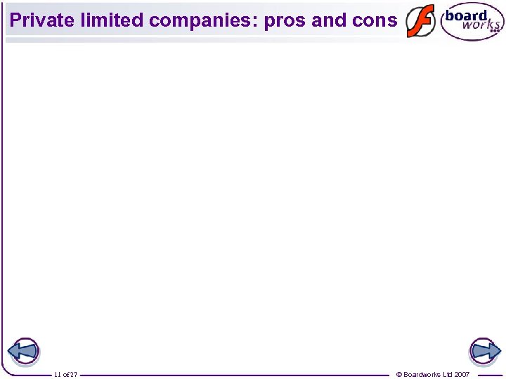 Private limited companies: pros and cons 11 of 27 © Boardworks Ltd 2007 